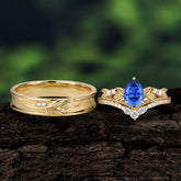 Nature-Inspired Pear-Cut Sapphire Couple's Engagement Ring Set